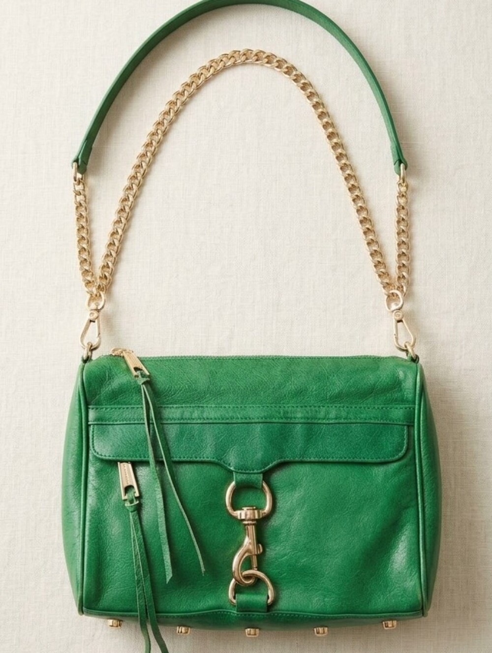 Rebecca Minkoff Green Leather Shoulder Bag with Gold Chain Strap